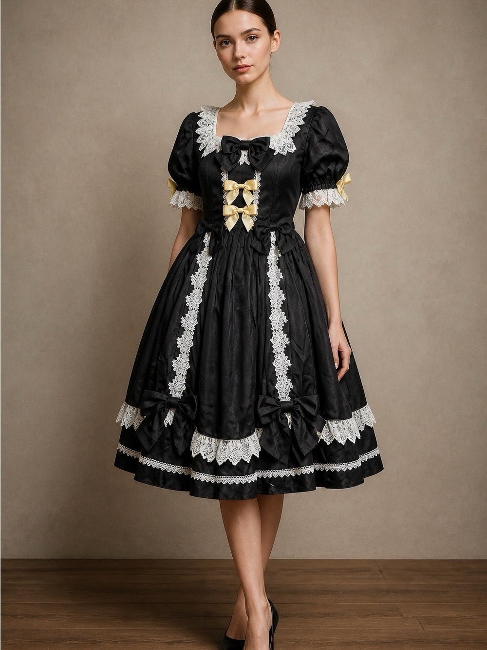 2200 - Lolita Black and Cream Lace Bow Dress (Crinoline Not included).